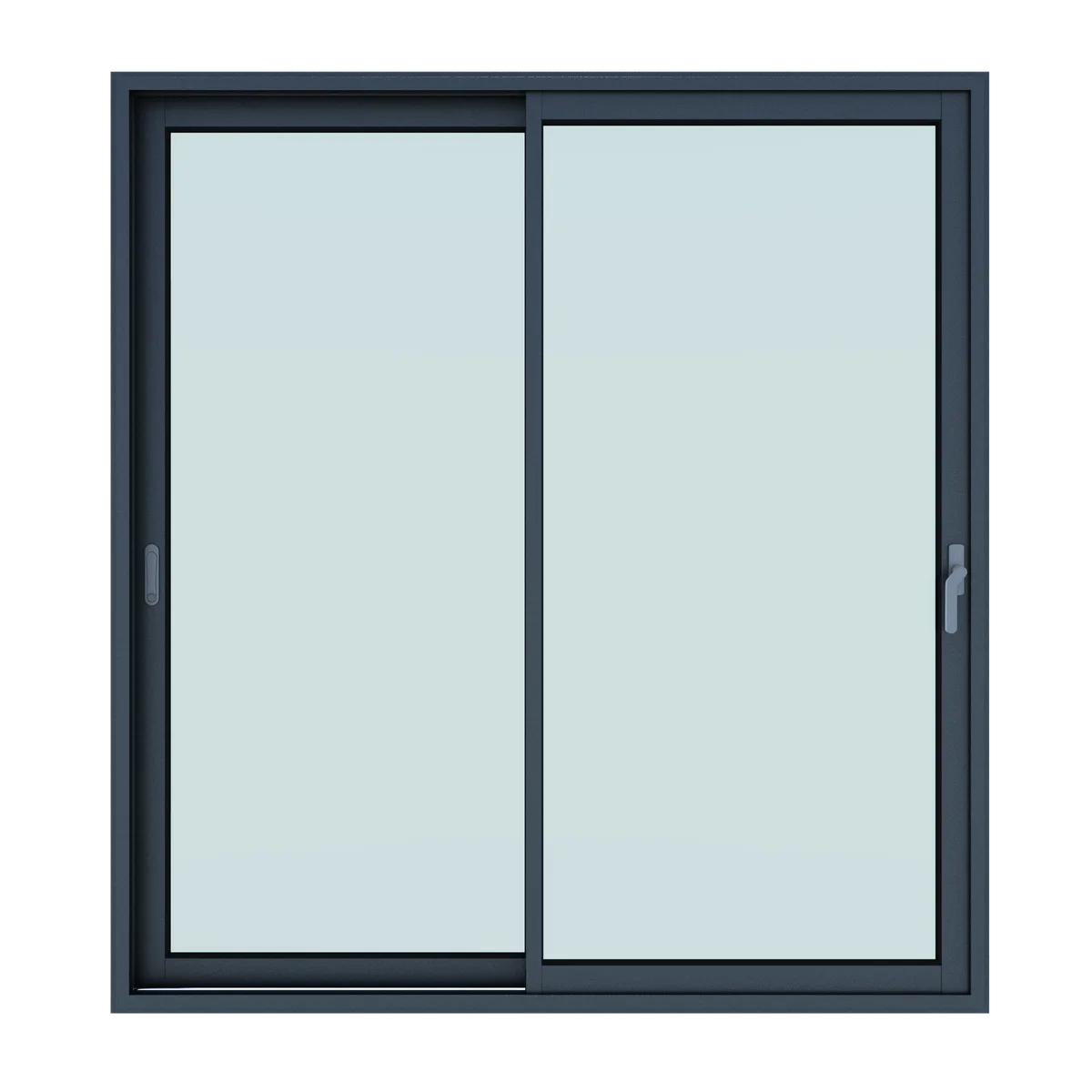 Illustrative render of a two-panel anthracite aluminium sliding door, front elevation