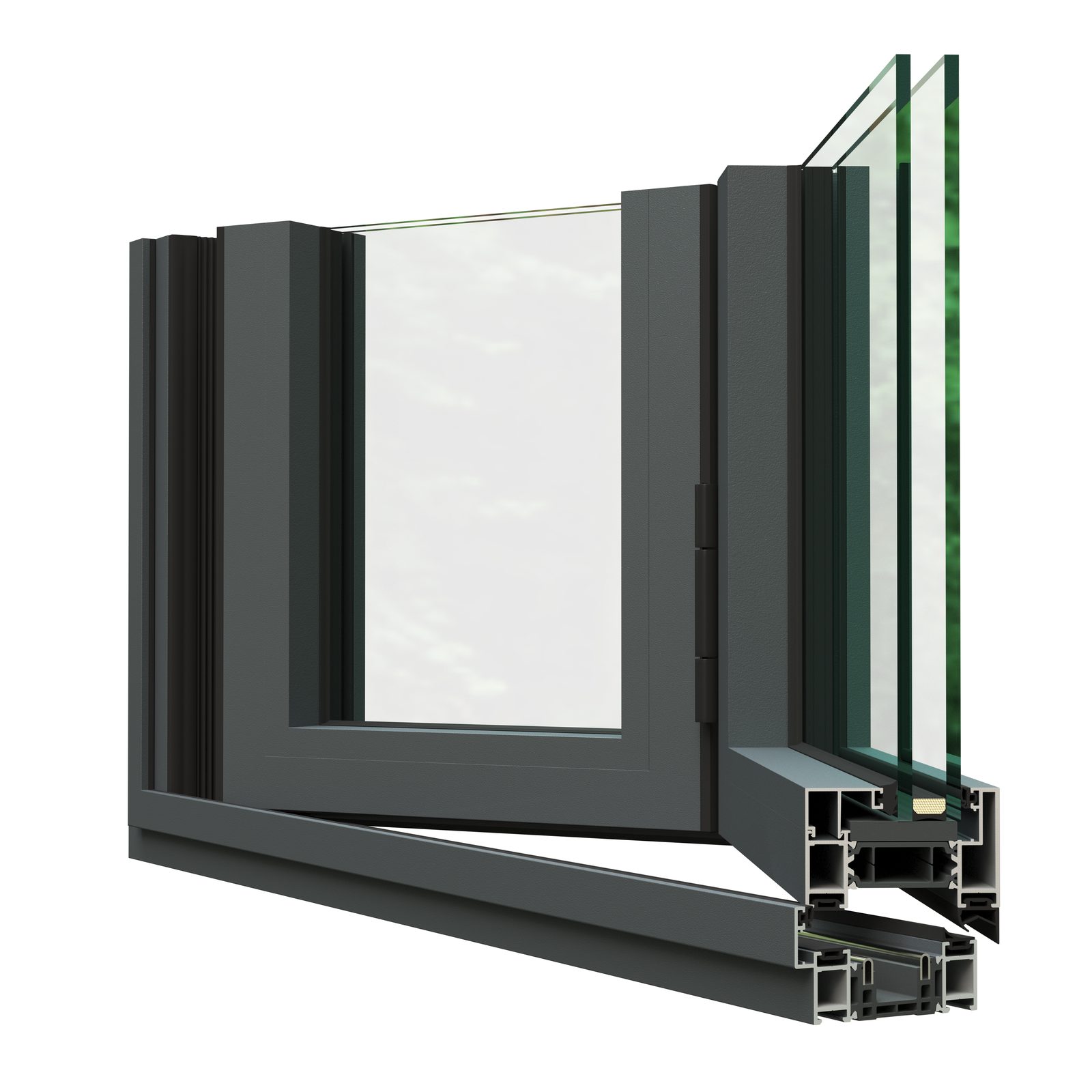 Illustrative render: corner cutaway of the 80 mm frame and leaf
