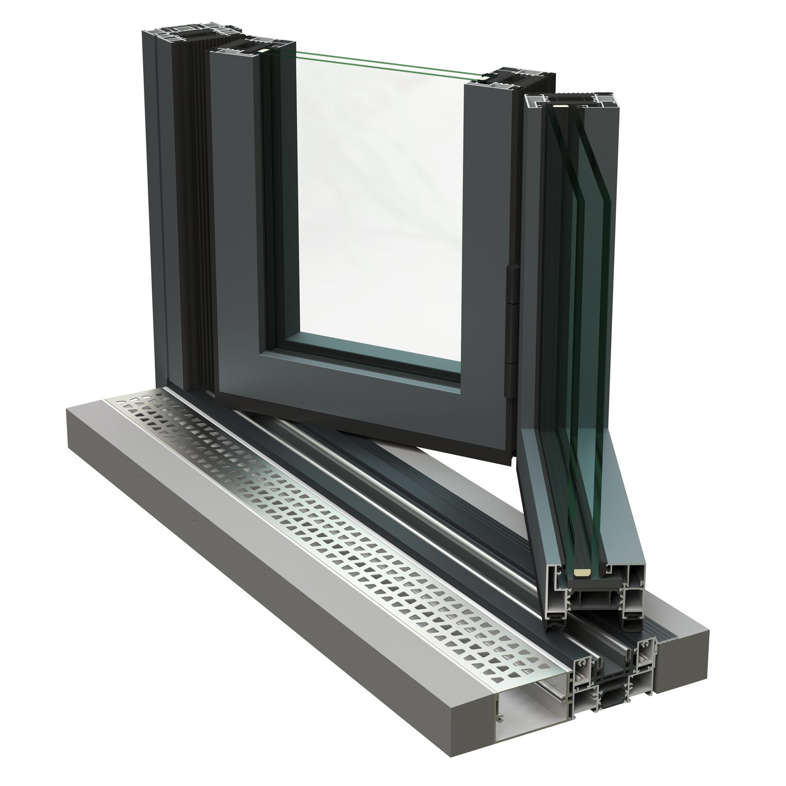 Illustrative render: corner cutaway with the threshold set into the floor and drainage channel