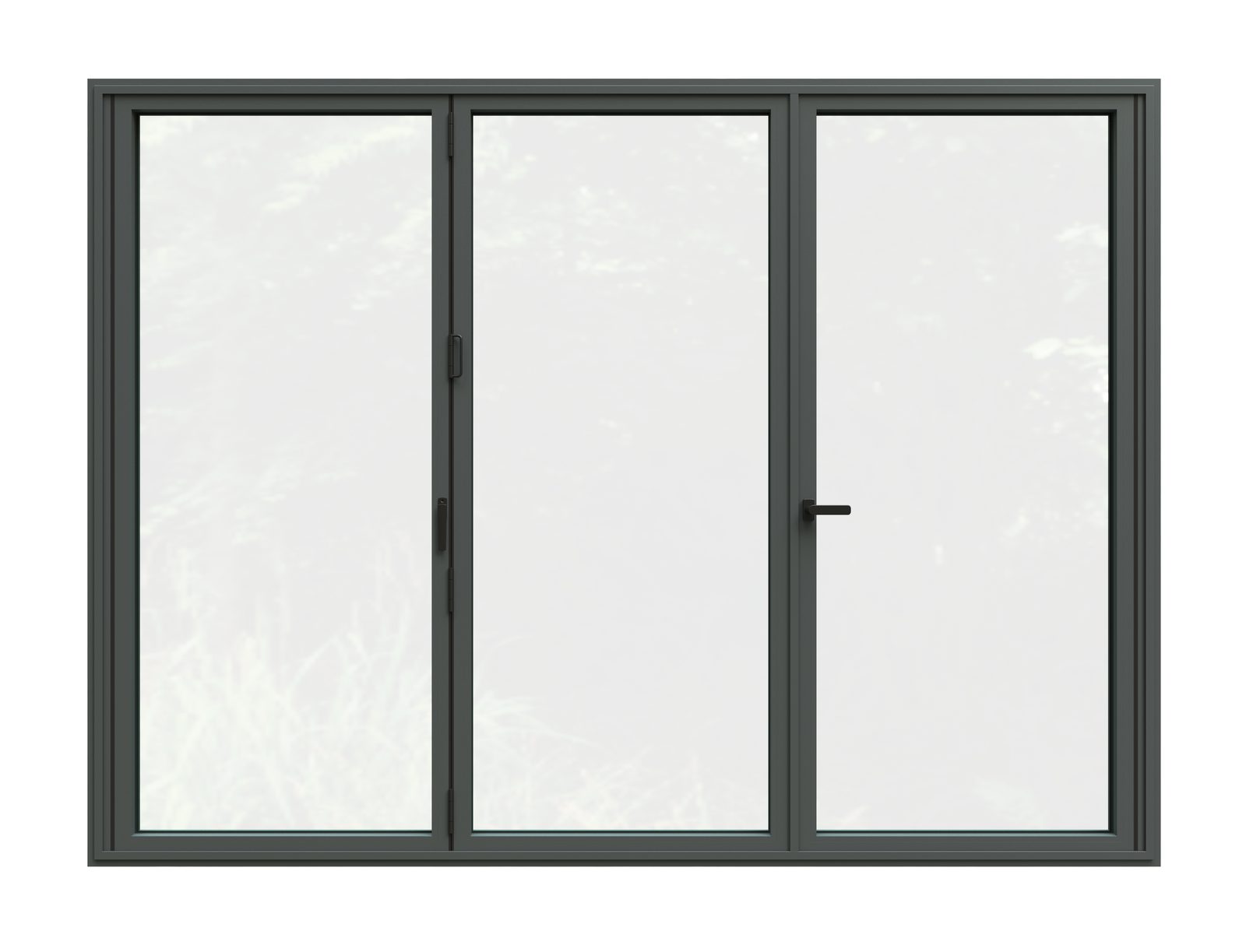 Illustrative render: three-panel anthracite bifold door closed