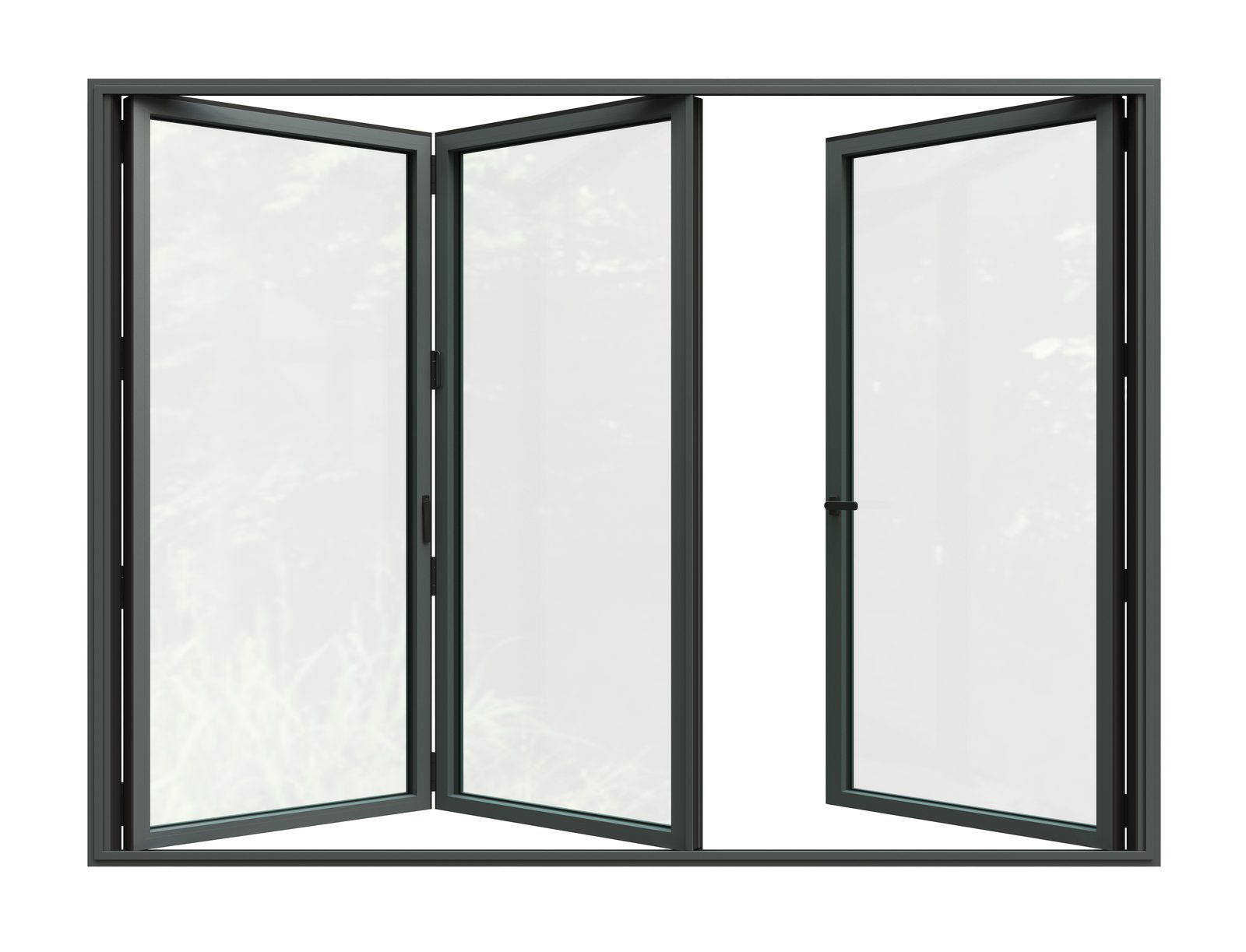 Illustrative render: three-panel anthracite bifold door folding open