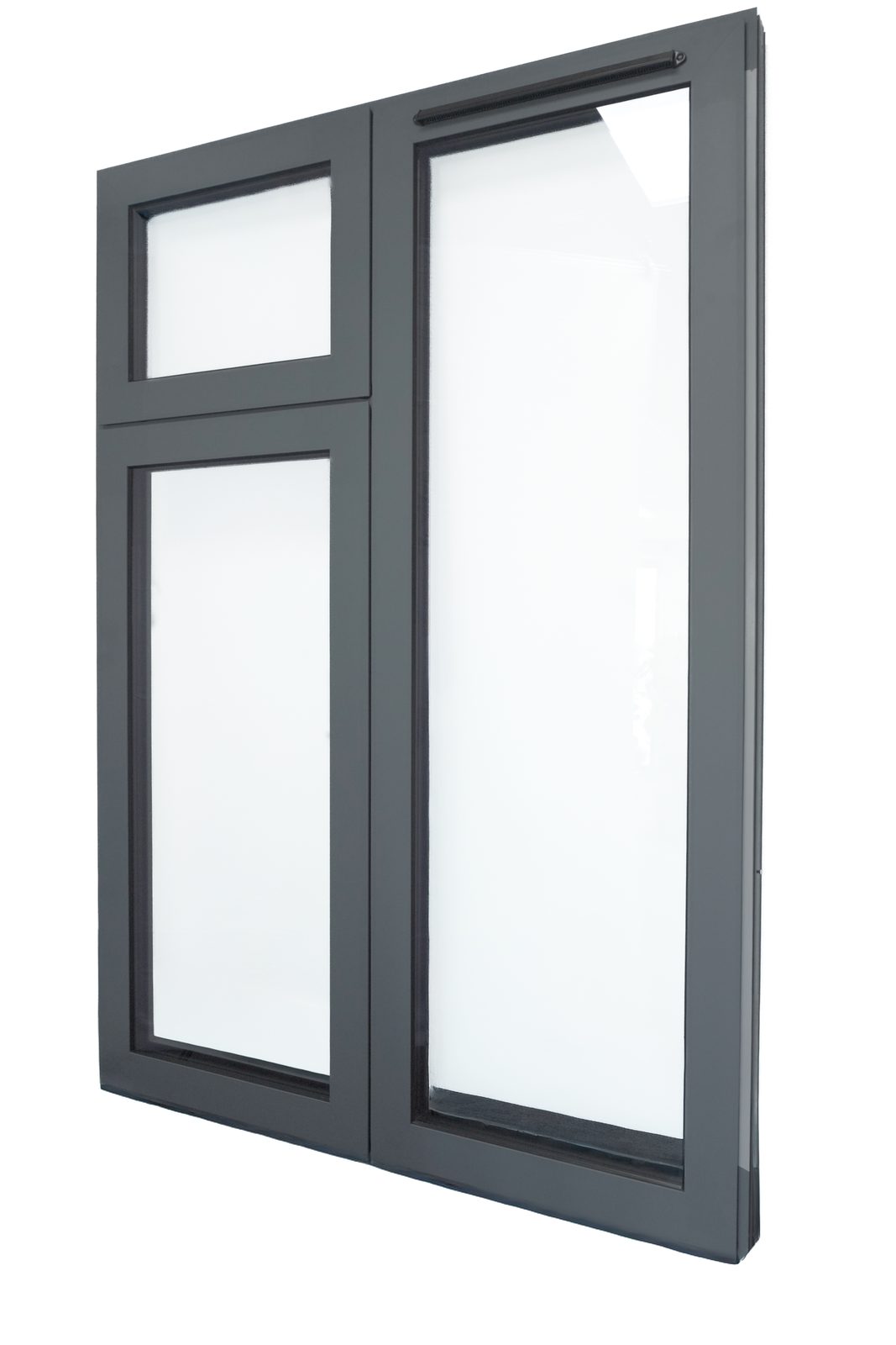 Tall anthracite aluminium casement window with a fanlight over a fixed pane