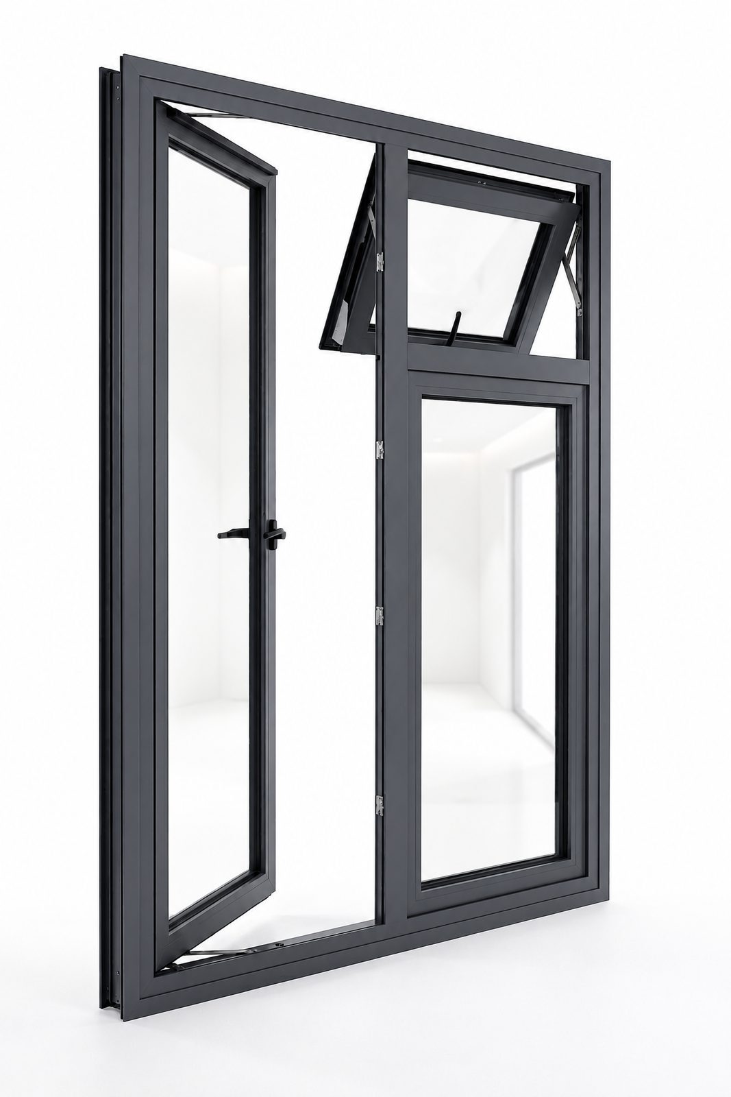 Anthracite aluminium casement window with a side-hung sash open and a top-hung fanlight above